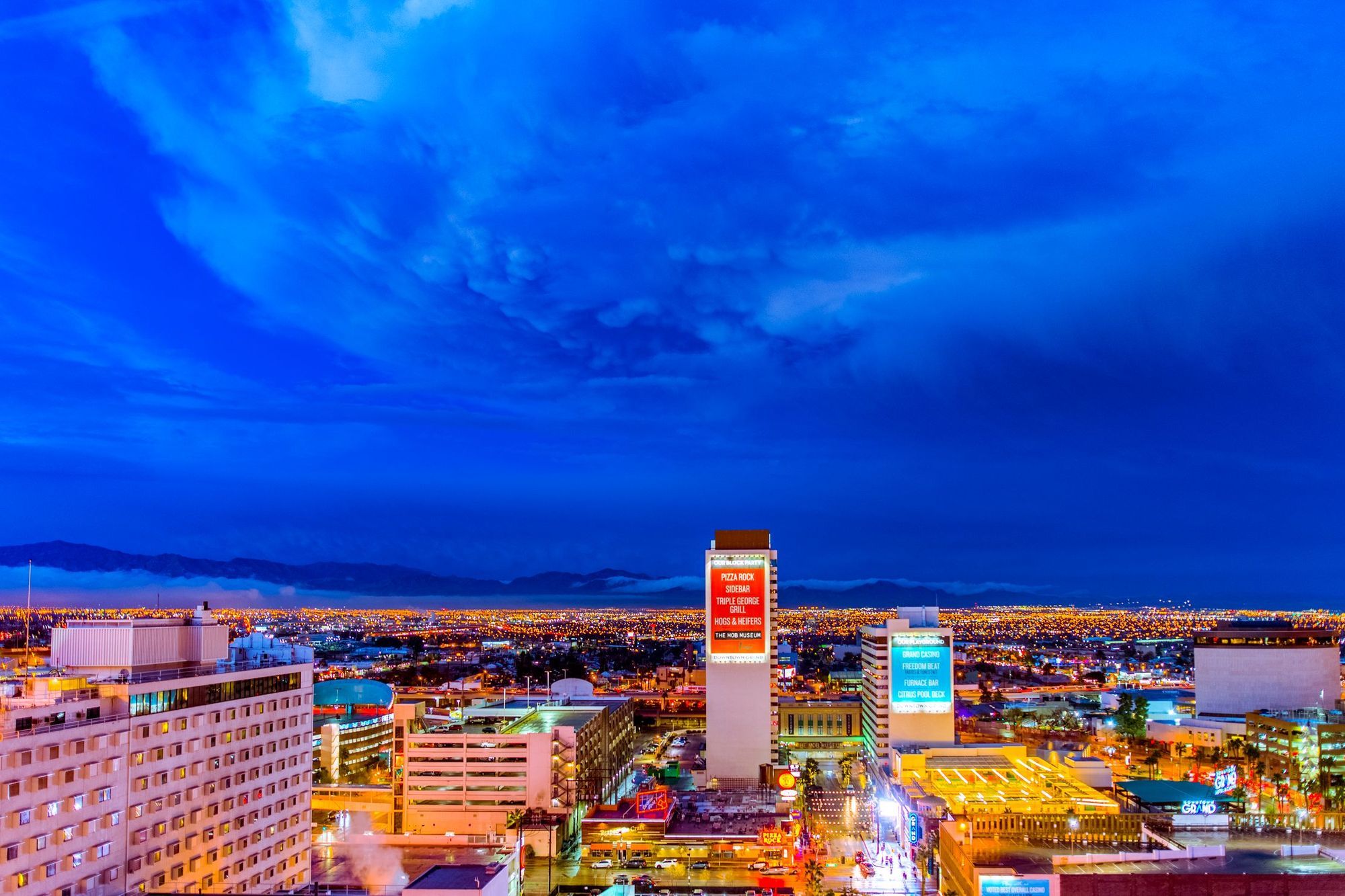 High-angle view of the illuminated Las Vegas skyline at night